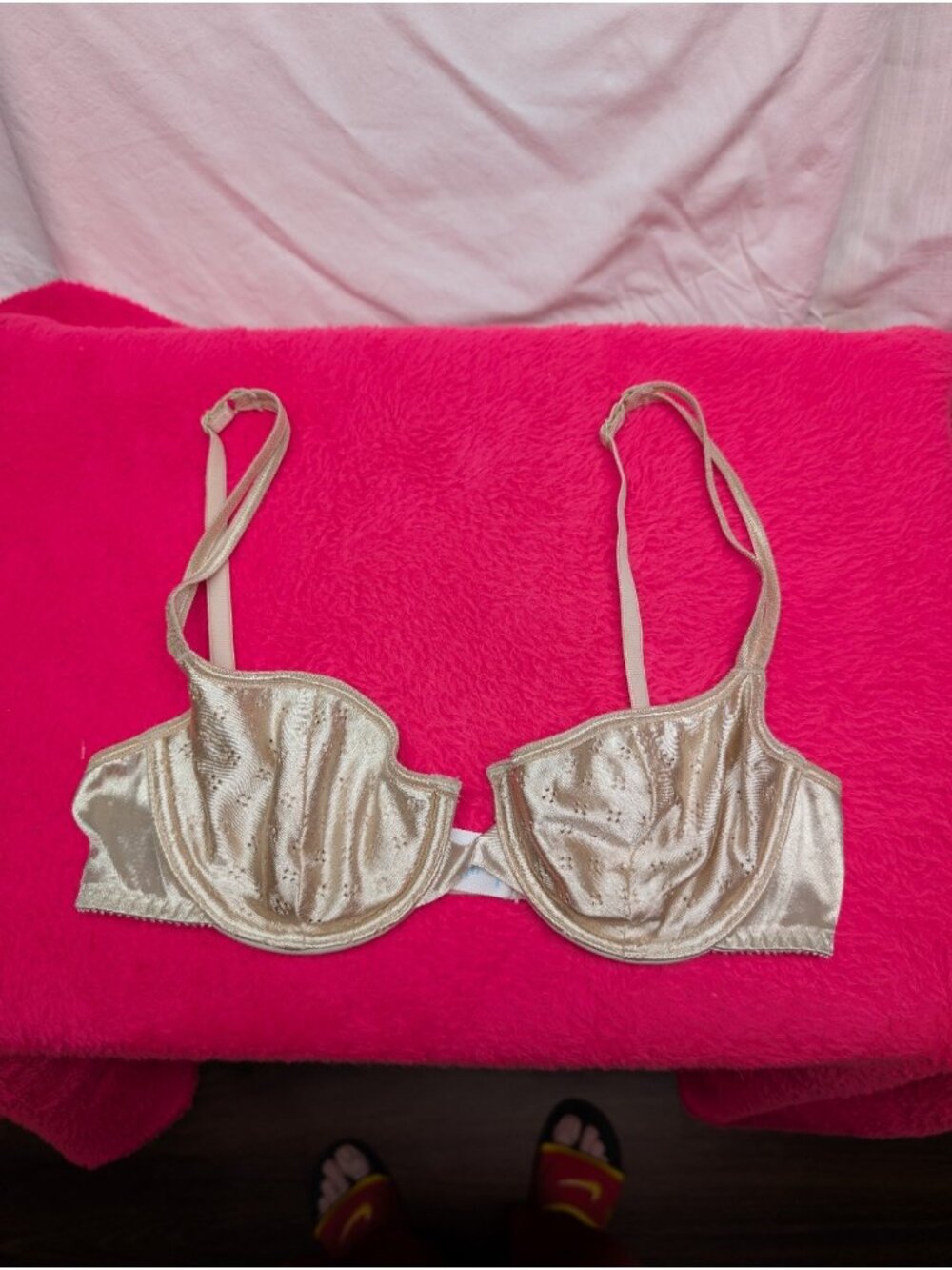 Vtg Sears Champagne Gold Satin Point dEsprit Unlined Underwire Bra 34B Y2K